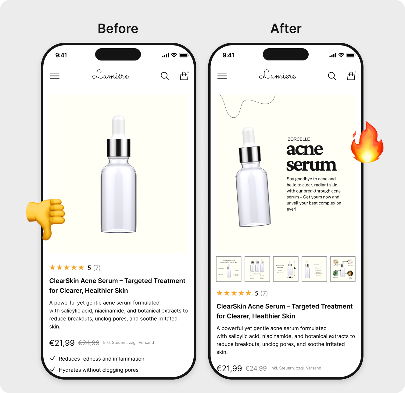 Before and after product images showing improved click-through rates